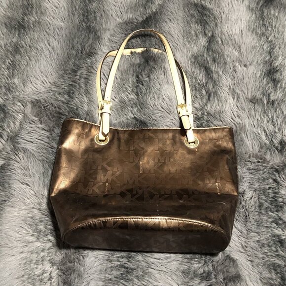 Michael Kors Handbags - Michael Kors Brown Logo Tote Bag with Logo Charm, Beige Leather Double Handles
